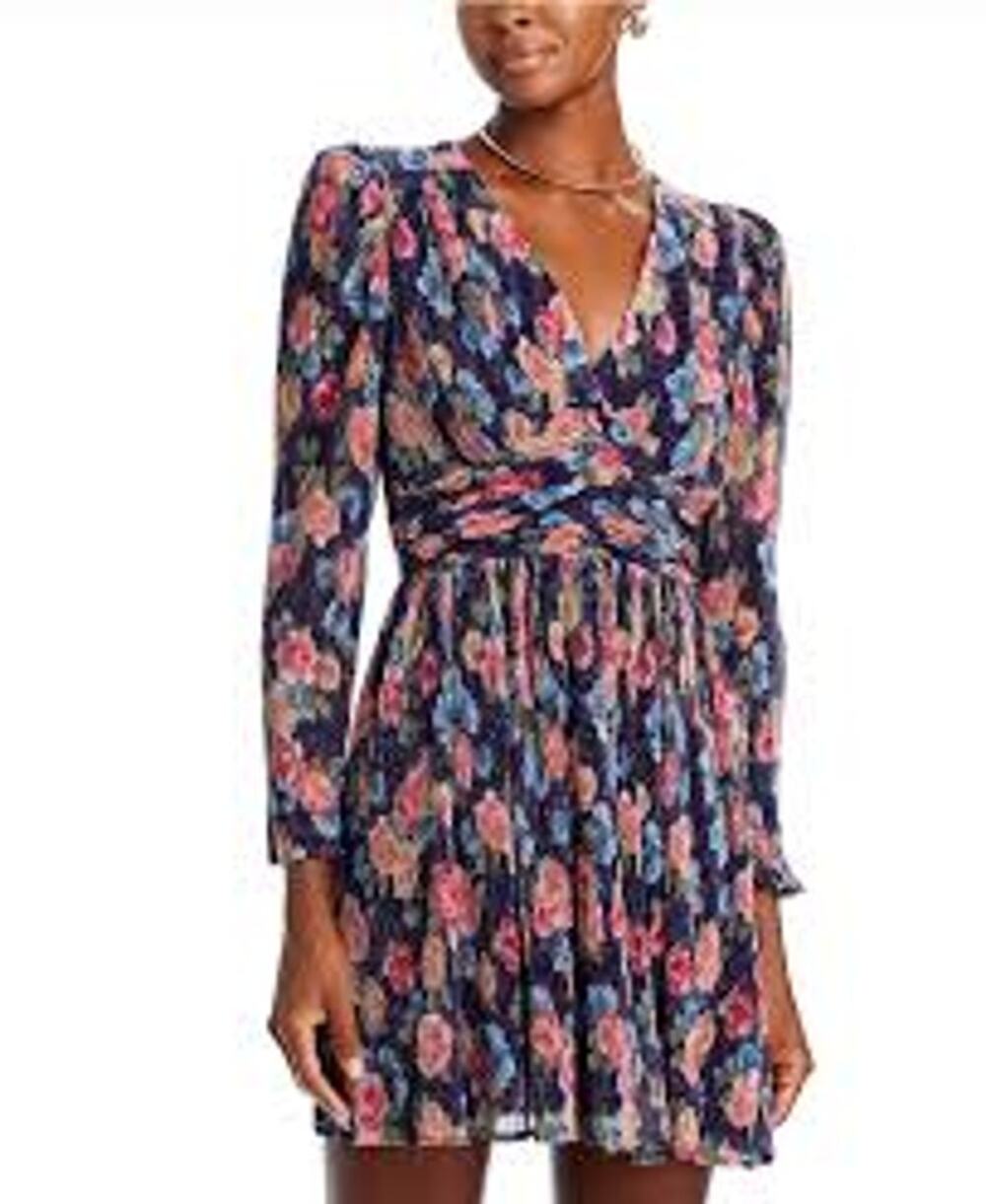 NWT Aqua black metallic long-sleeve floral print dress sz S